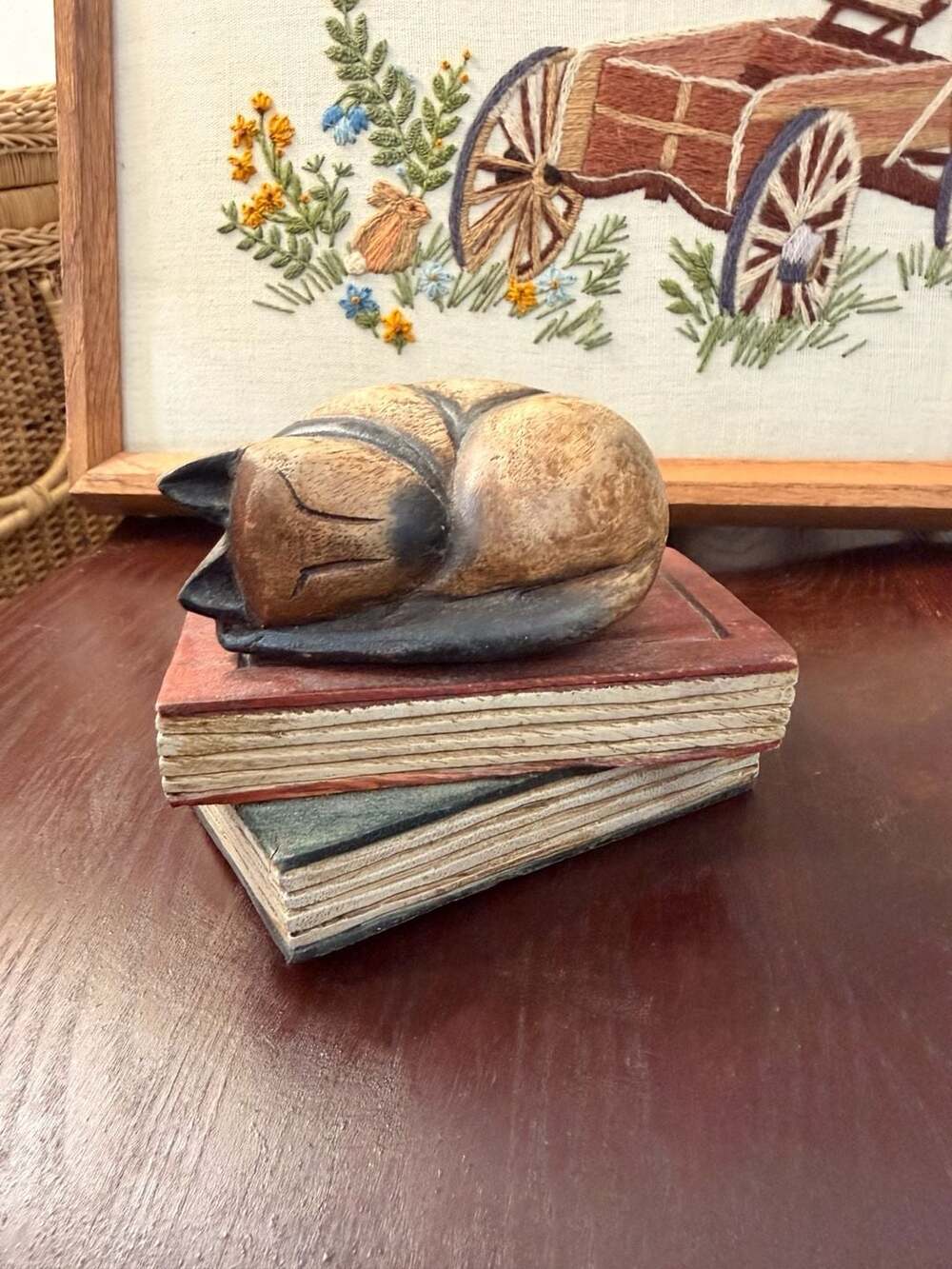 Hand Carved Wooden Sleeping Cat Figurine On Books Cottage Rustic Home Decor
